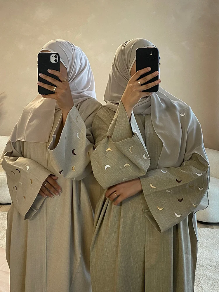 Abaya abierta de lino con mangas de murciélago para mujer, Abayas de lujo de Dubai, diseño bordado de Luna modesto, negro, 2024