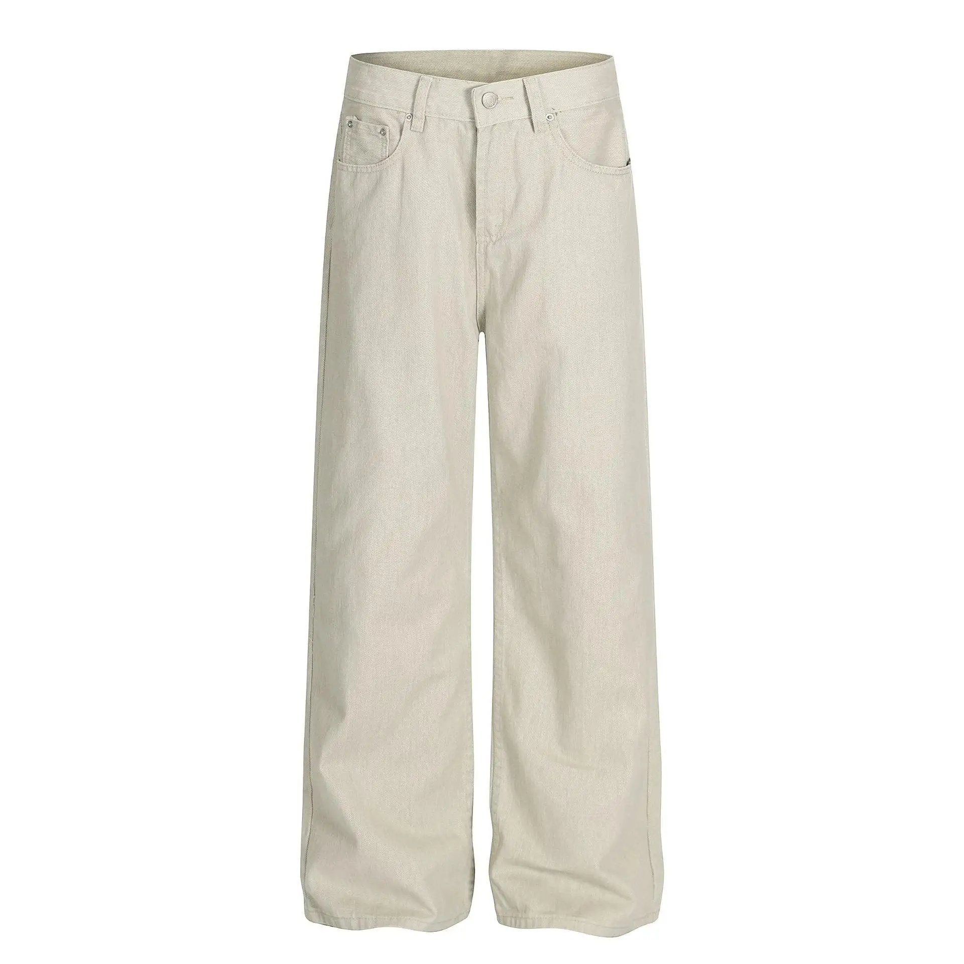Jeans Americanos de Perna Reta com Lavagem Desgastada, Corte Solto para Homens e Mulheres, Cor Cáqui, Calças Longas, Estilo C...