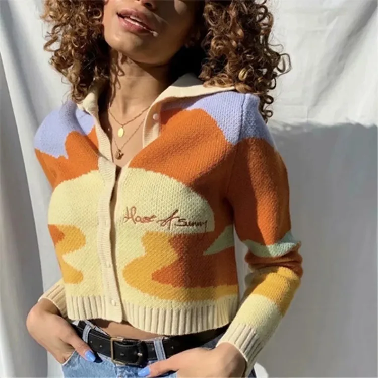 2024 Fall Vintage Contrast Flower Jacquard Puff Sleeve Knitted Sweater Women Chic Button Thin Cardigan Crop Top Pull Femme