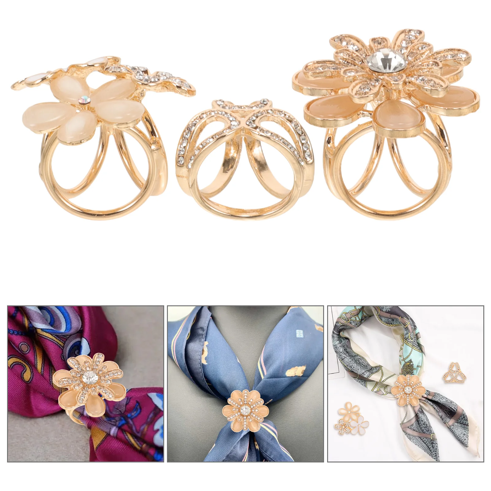 3 Pcs Flower Brooch Elegant Alloy Rhinestone Scarf Rings for Shawl Wrap Clasp Women Fashion Jewelry Set Style 1 6 9