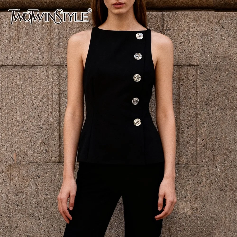 

TWOTWINSTYLE Black Fashion Basics Waistcoat for Women Round Neck Sleeveless Patchwor Diamonds Office Vest Female 2026 New Style