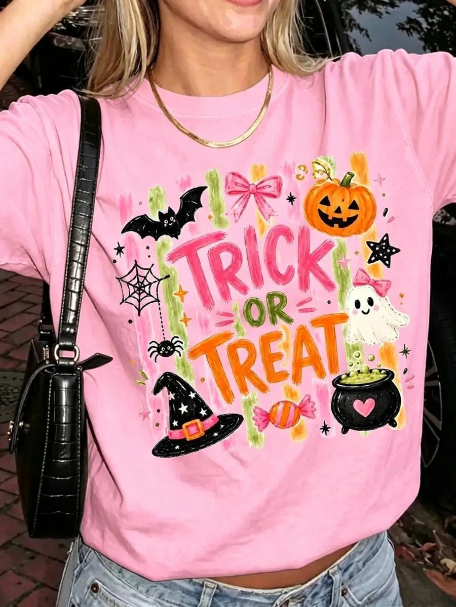 Women's Retro Pink Trick or Treat Print Tee Coquette Aesthetic Varsity Style Halloween Fall Casual Short Sleeve O-Neck Women Top