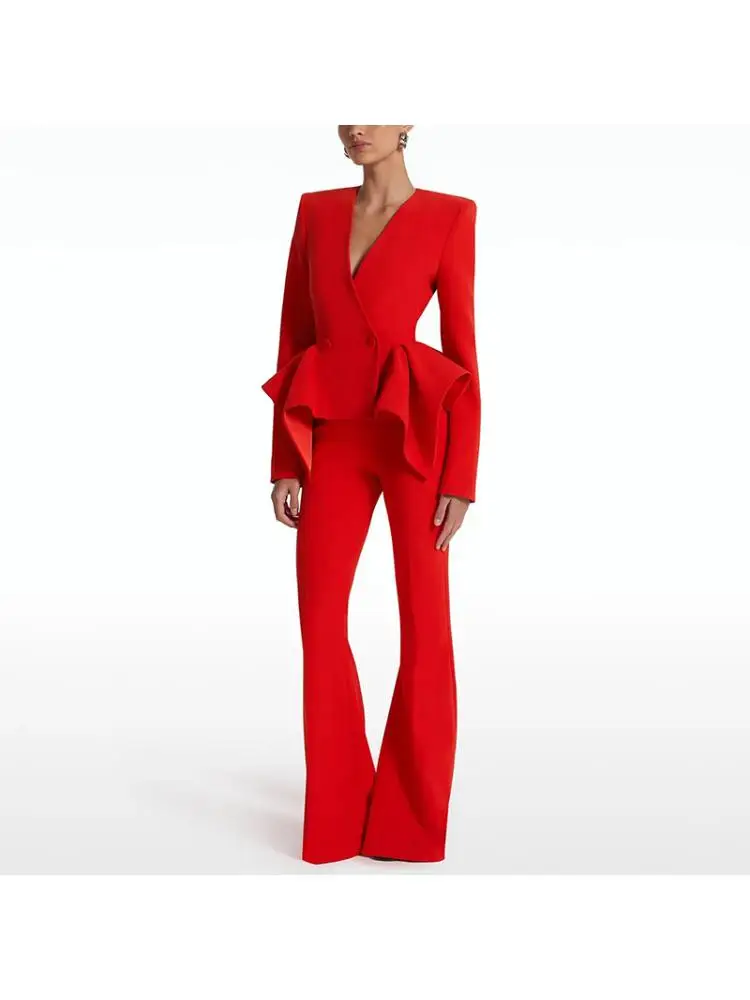 

2025 весенне-летний модный красный элегантный облегающий топ с оборками по подолу + брюки-клеш, комплекты брюк для женщин, комплект из 2 предметов