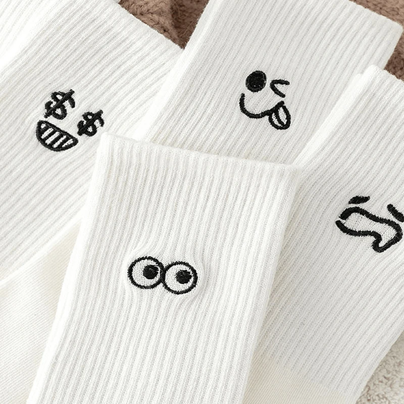 5 Pairs Women's Cartoon Socks Round Neck Mid Tube Fashionable Cute Expression Pattern Socks Casual Breathable Autumn Girls Socks image 5