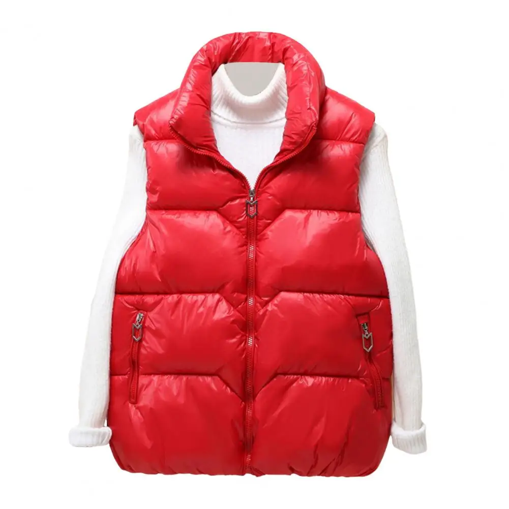 Sleeveless Short Vest Women Winter Zip-up Vest Coat Thickened Padded Stand Collar Outerwear Keep Warm Waistcoat Vest