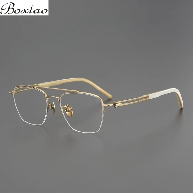 

Double-beam and Half-frame Natural Horn Ultra-light Pure Titanium Retro Male Tide Myopia Glasses Frame Trend Does Not Clip Ears.