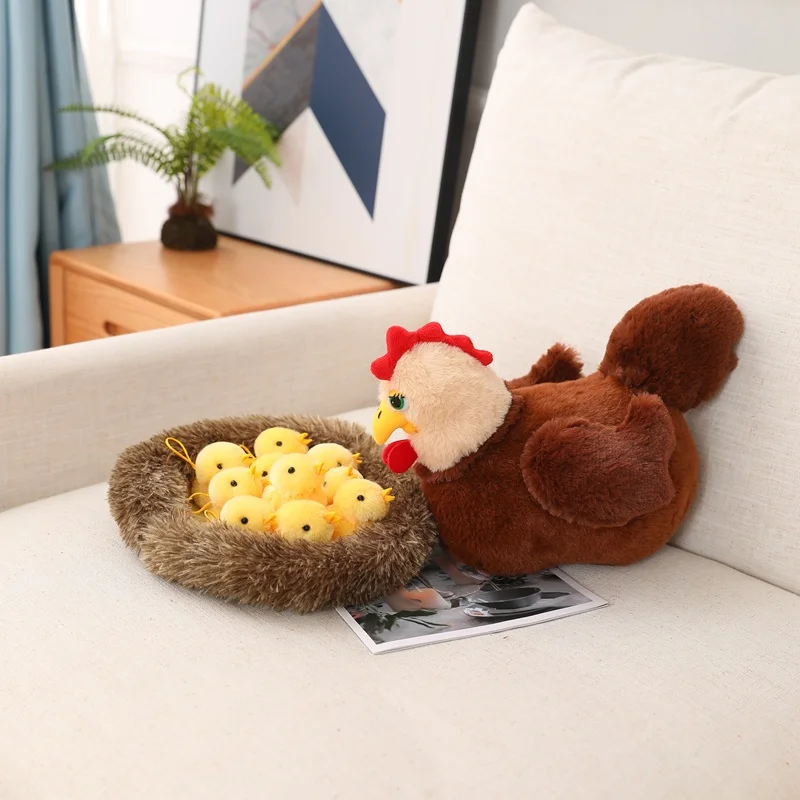 Gallina + pollo + nido juguetes de peluche Kawaii animales lindos decoración casera muñecos de peluche pollo de dibujos animados juguetes de peluche
