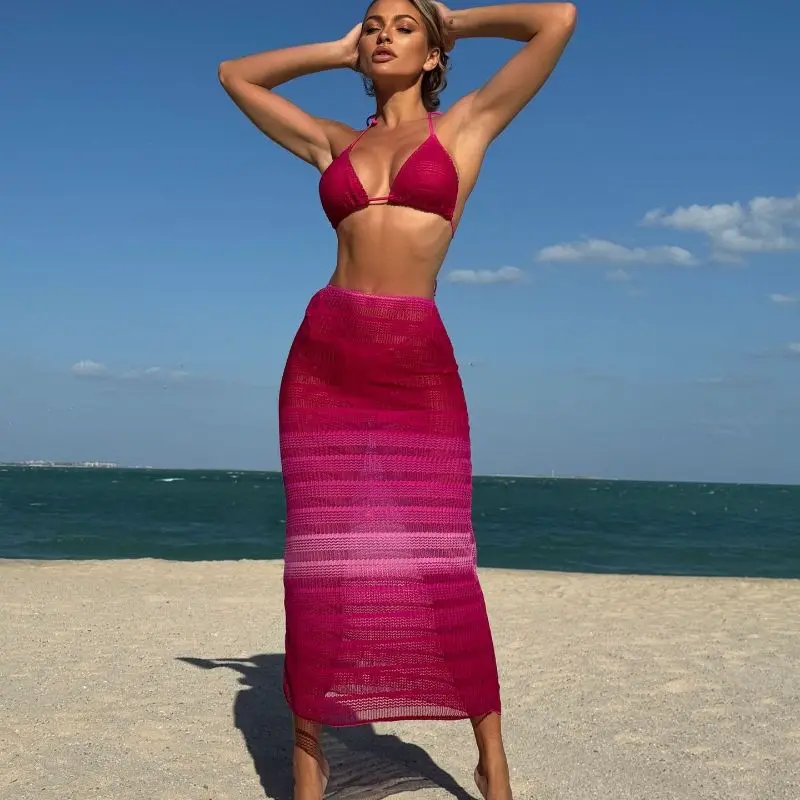 Cikini dégradé maille trois pièces plage jupe longue Sexy Bikinis ensemble été Sexy maillot de bain maillot de bain pour les femmes