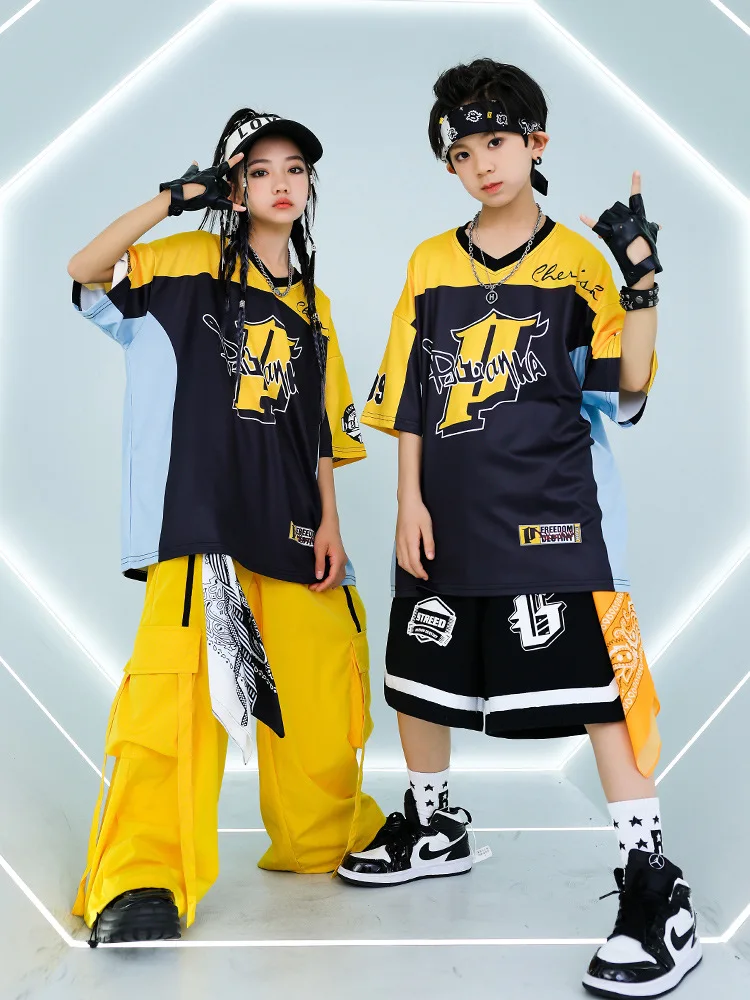 

Children Hip Hop Dance Costumes For Girls Yellow Shirts Loose Pants Outfits Boys Modern Jazz Dance Performance Clothes DQS18505