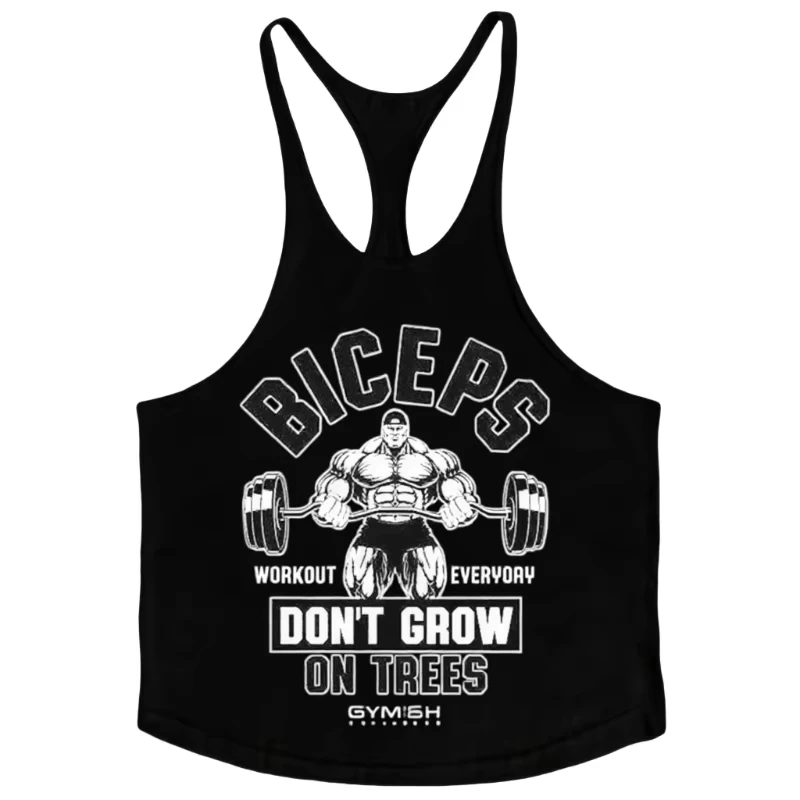 2026 Herren Y-Back Gym Tanktops mit „Biceps Don't Grow on Trees“-Print aus atmungsaktiver Baumwolle – Ärmellose Weste für Bodybuilding und Armtraining – Detail 9