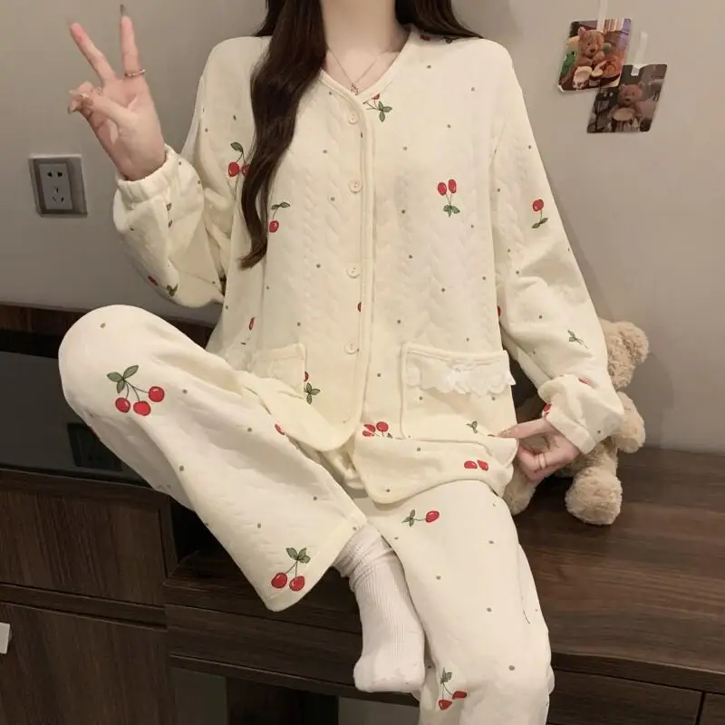 autunno inverno addensare abbigliamento da donna pigiama per il tempo libero comodo pigiama in cotone set ragazza maniche lunghe tenere al caldo il vestito homewear