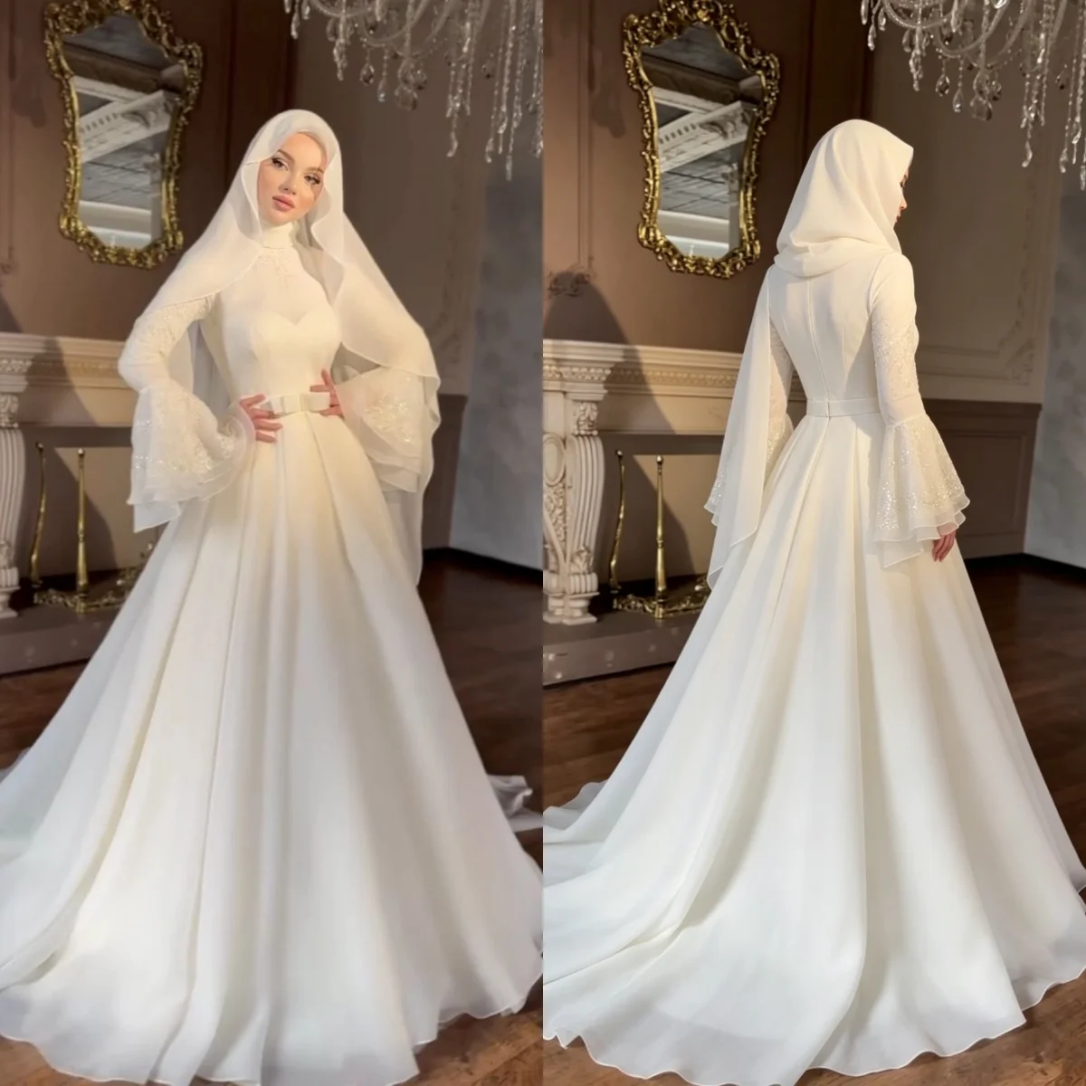 Maßgeschneidertes Muslimisches Hochzeitskleid mit Hohem Kragen, Chiffon-Ballkleid mit Hijab, Glockenärmeln und Glitzernden Manschetten
