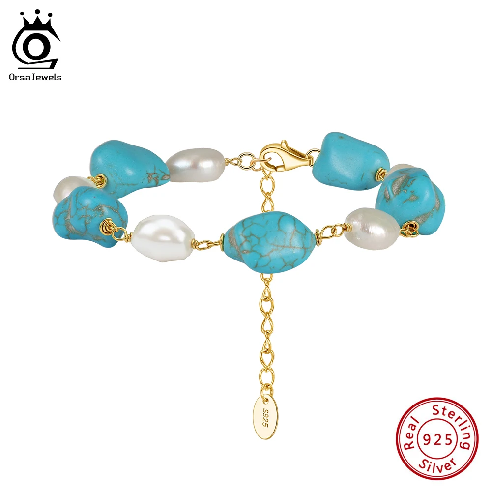 

ORSA JEWELS S925 Pure Silver Irregular Natural Turquoise Chain Bracelet Set Women's Freshwater Pearl Dainty Wristband Gift MPB16