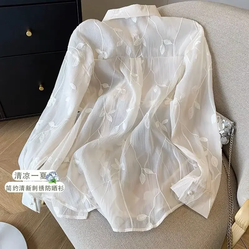 

Tencel Thin Long-sleeved Sunscreen Shirt for Women Summer New Design Embroidered Jacquard Loose Slimming Versatile Shirt JJ56