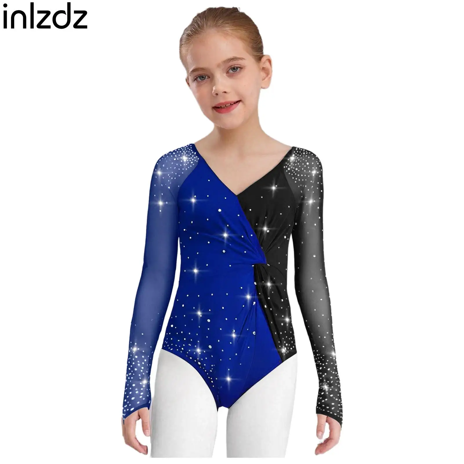 

Kids Girls Gymnastics Leotard Shiny Rhinestones Ballerina Dance Costume Child Long Sleeve Athletic Fancy Figure Skating Bodysuit