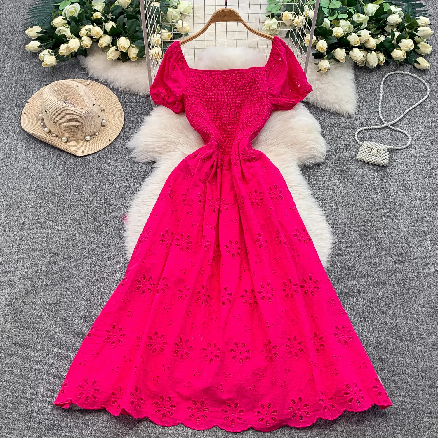 Chic vintage เซ็กซี่ Hollow out ปัก Fairy ฤดูร้อนผู้หญิง Boho Sundress เสื้อผ้าผู้หญิงชุดยาว