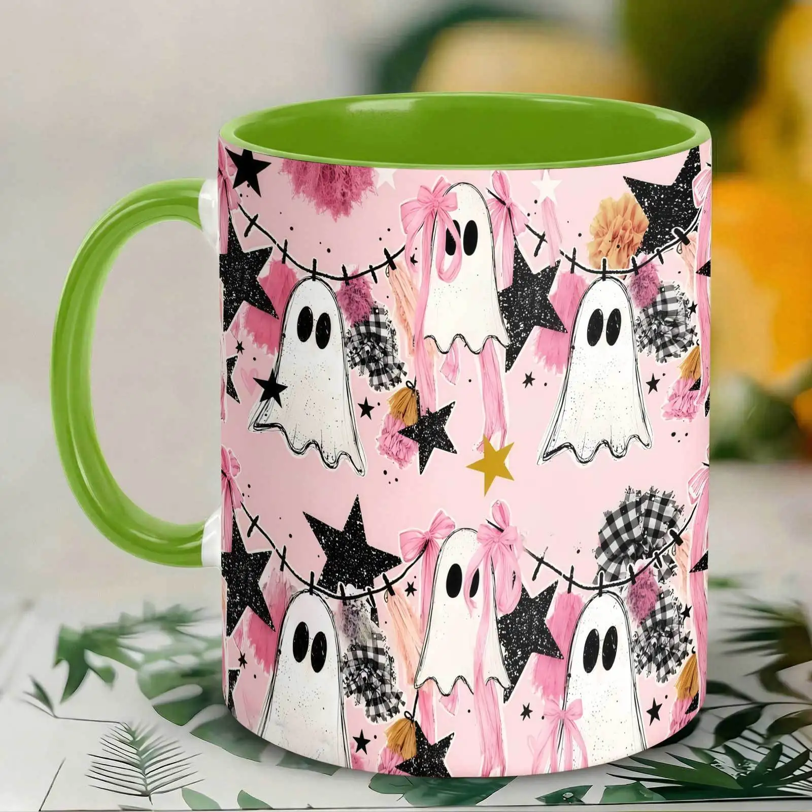 1pc 1pcs -Themed Ceramic Mug with Pink Bow & Star Design - 11oz Spooky Tumbler Suitable for Home, Office, Halloween Gift, Cup for,, Men & Women, for Hot/ Beverages