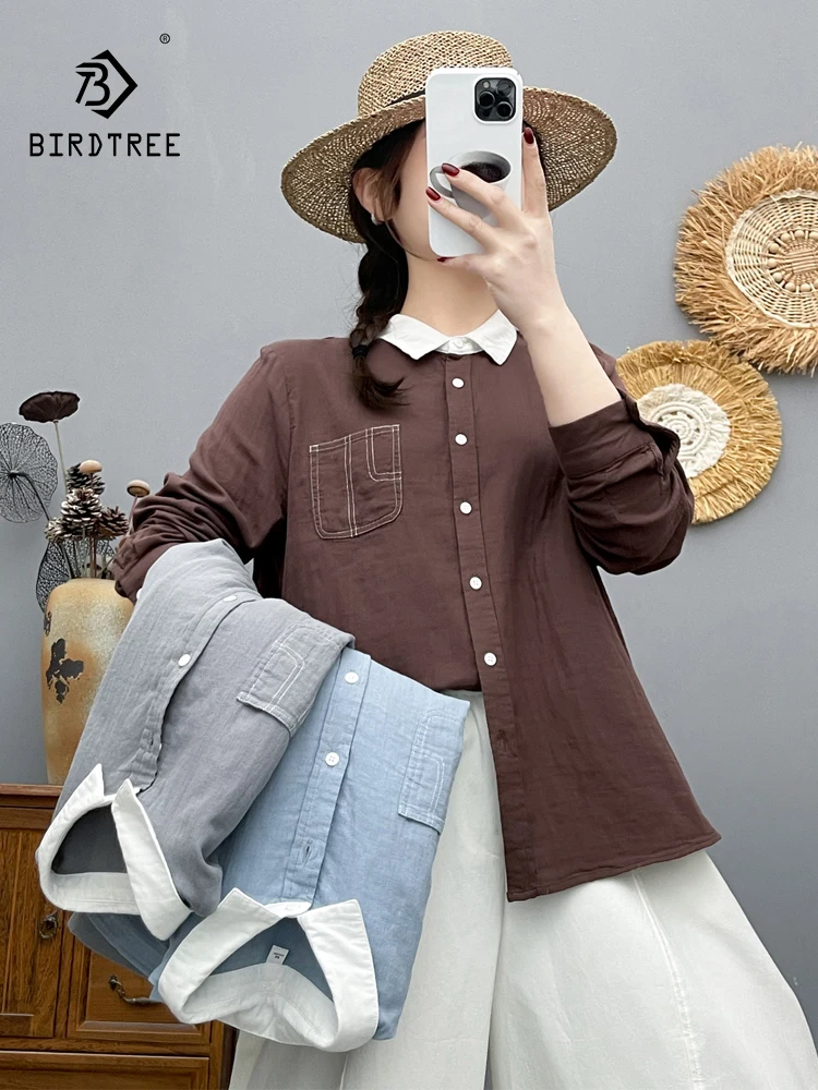 

New 2026 Spring Women Cotton Yarn Long Sleeve Shirt, Lapel Color Blocking, Mori Girl Fashion Design Sense Loose Blouse T63986CC