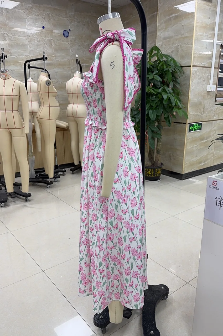 Abito estivo da donna Fairycore Grunge con cravatta floreale con spalle scoperte, collo quadrato smock, senza maniche, senza schienale, abito midi a trapezio