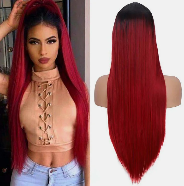 Ombre Wine Red Wigs Long Straight Burgundy Synthetic Wig for Women Cosplay Party