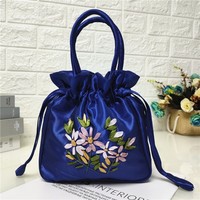 Embroidered Flower Pattern Women Bucket Bag National Style Phone Bag Ladies Handbag Dacron Small Top Handle Bag