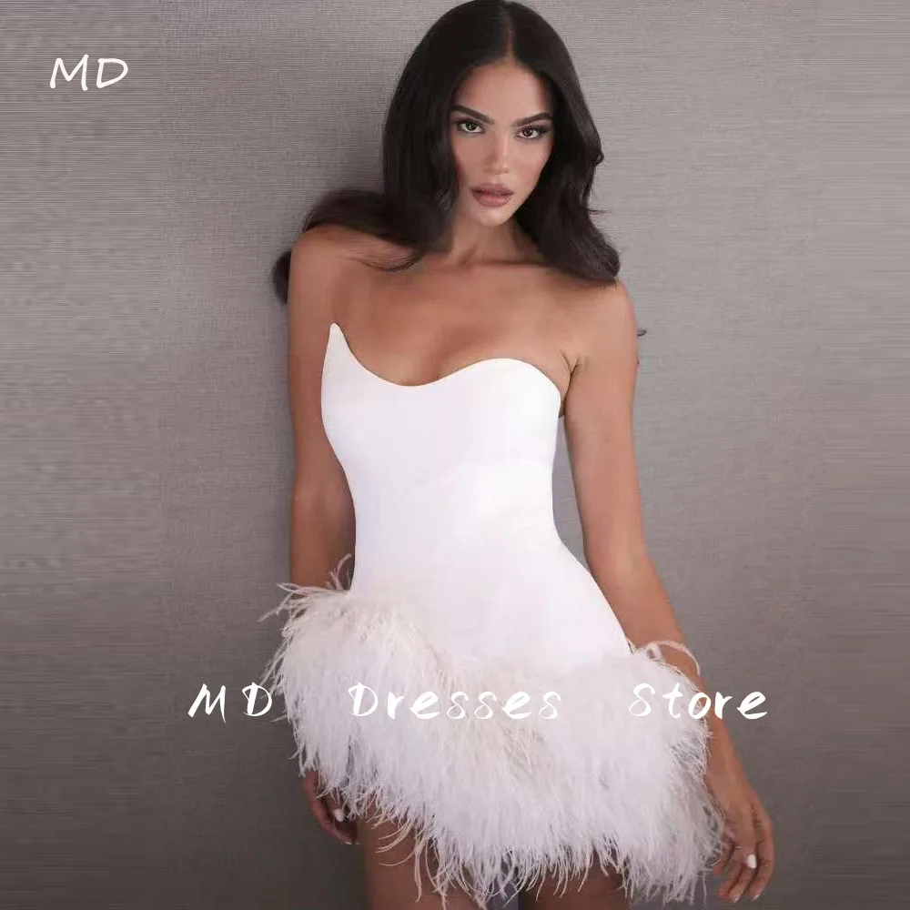 MD Sexy Strapless Luxury Feathers Mini White Prom Party Dresses Women Formal Evening Gowns Event Cocktail Dress Customized
