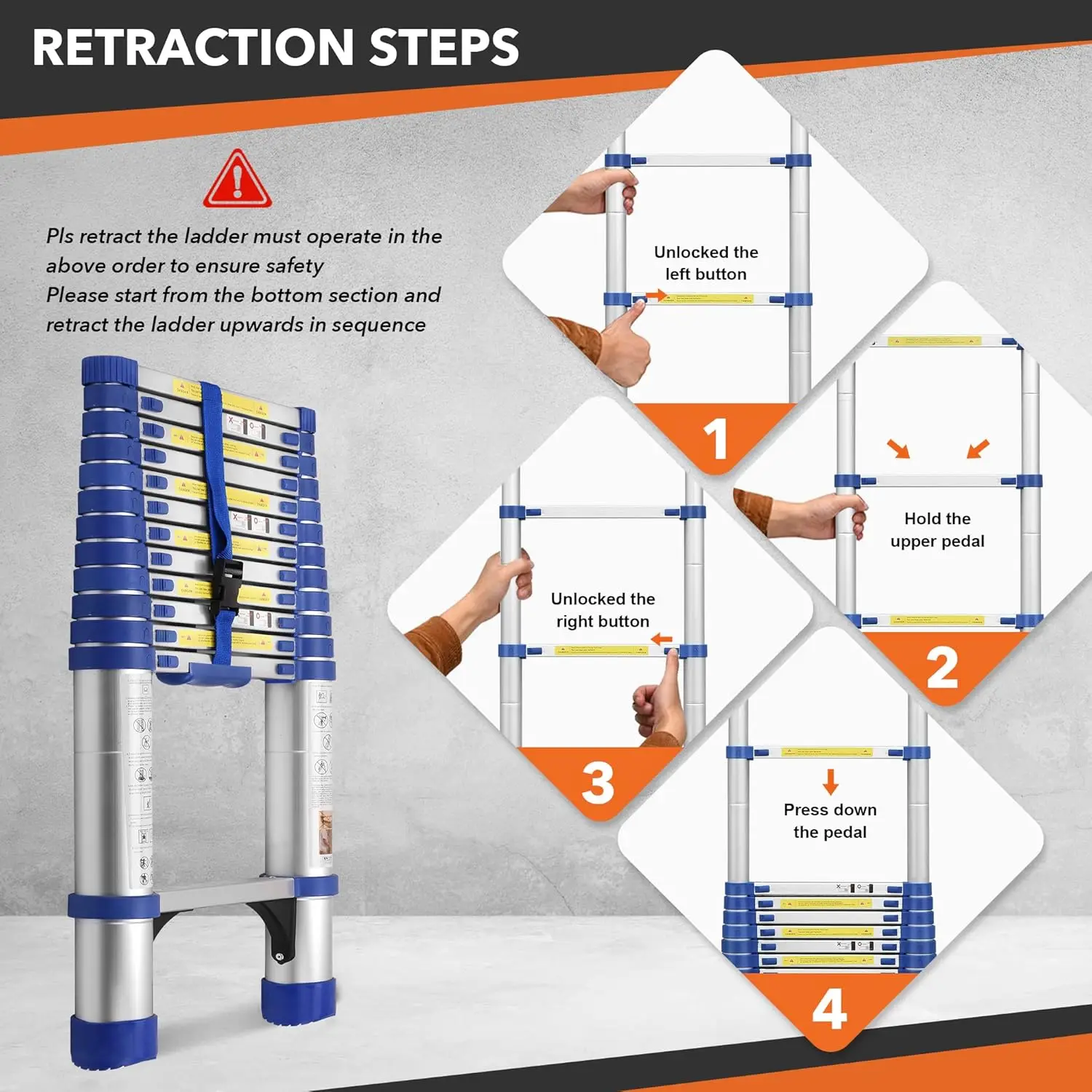 Escalera telescópica de 15,5 pies, escalera de extensión de aluminio con pies antideslizantes, escalera retráctil portátil