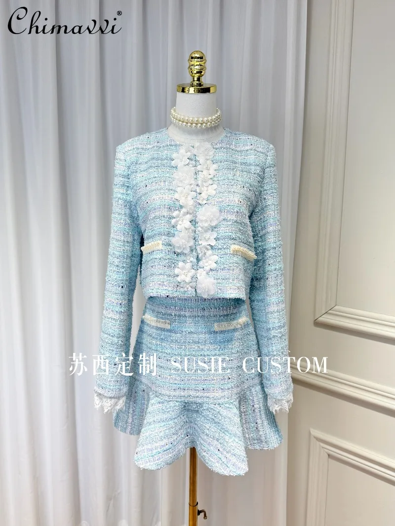 

Высококачественное твидовое короткое пальто с объемным цветком и бисером, юбка с рюшами на бедрах и высокой талией, осенний женский элегантный комплект из двух предметов