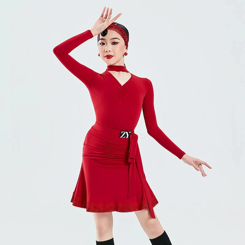 2026 New 4 Colors Latin Dance Dress For Girl Long Sleeve V-neck Top Skirt Chacha Samba Latin Performance Costumes Wear DN24573