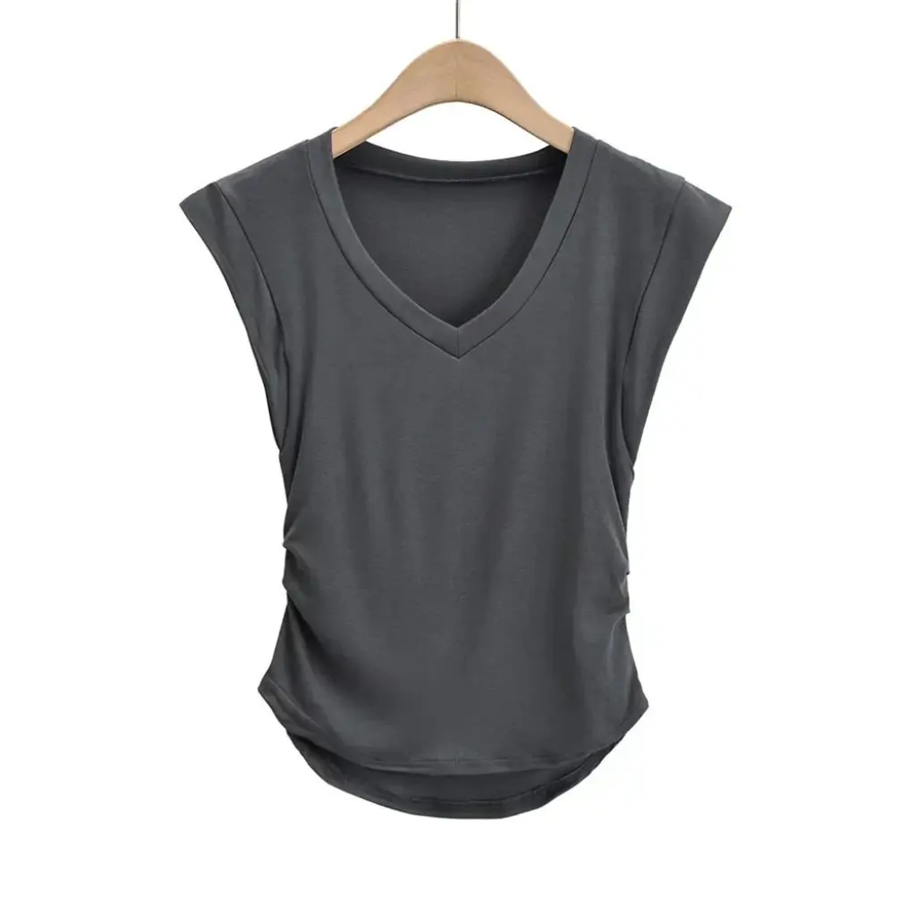 

YPFF Women's Trendy Vest Loose V-Neck Arc Hem Short Sleeve Solid Color Slim Fit Pullover Top