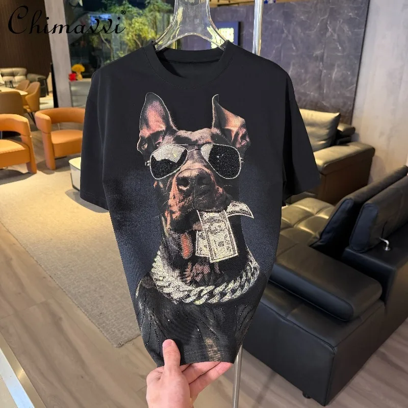 

2026 Summer New Heavy Sunglasses Dog Perm Diamond Loose Round Neck Short Sleeve T-shirt Men's Fashion Handsome Streetwear Tops