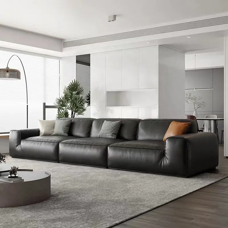 Modern Customized Living Room Furniture Black Genuine Leather 3 Seat Large Sectional Sofa Couch