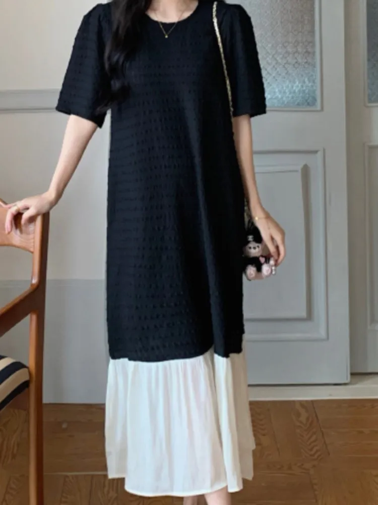 فستان نسائي كوري صيفي جديد من فيستدوس رداء Elbise فضفاض مقاس كبير وأكمام قصيرة مرقعة بحاشية من الساتان فستان طويل #6