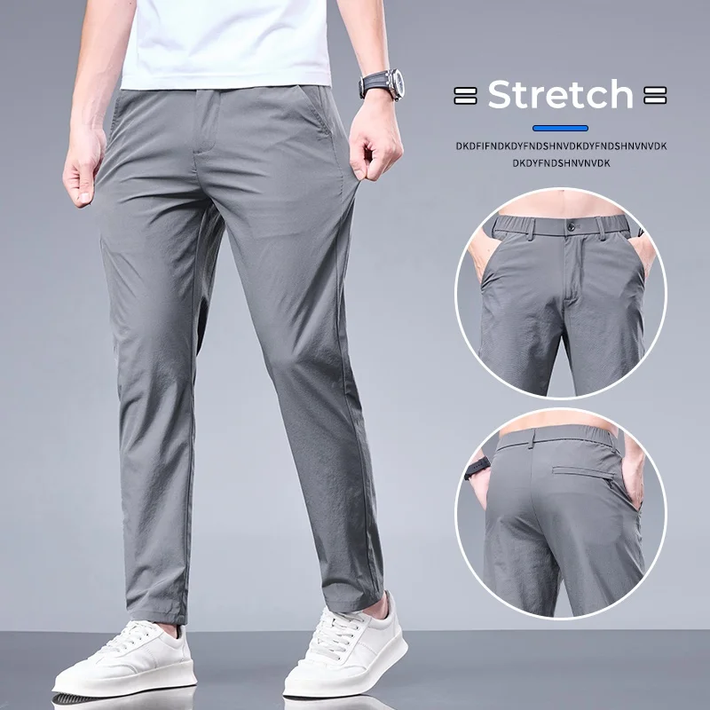 

Summer Ultra-thin Ice Silk Quick-drying Casual Pants for Men Stretch Straight Elastic Waist Casual Trousers Solid Color Male