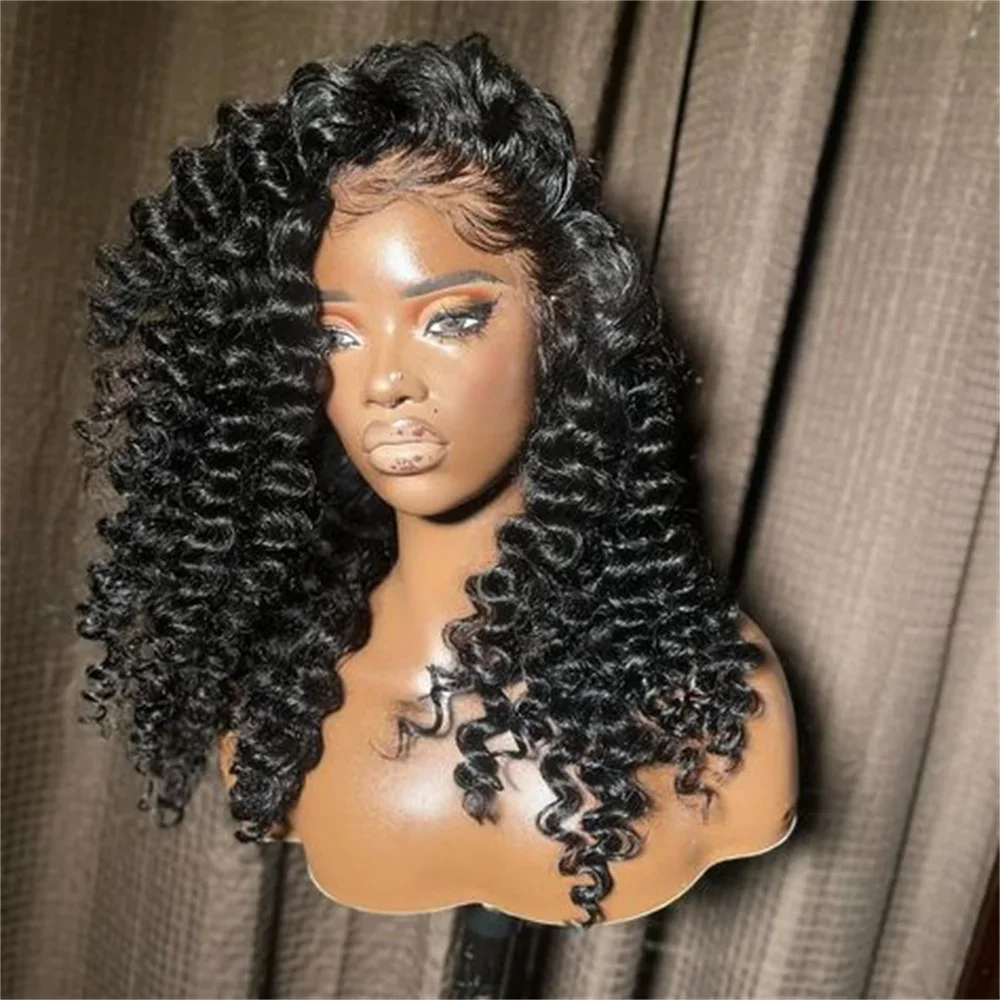 

Мягкий 26-дюймовый бесклеевой парик спереди, плотность 180, черный, глубокая волна, вьющиеся, предварительно выщипанные, длинные, повседневные, с волосами ребенка для женщин