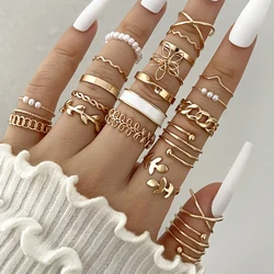 22 Pcs Vintage Gold Color Heart Butterfly Rings Set for Women Boho Metal Geometric Spiral Shape Imitation Pearl Ring Trendy Jewe