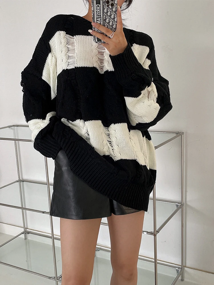 Jmprs Fashion Hole Striped Women Sweater Loose Twisted Casual O Neck Thick Winter Jumper Oversize Warm Ladies Knitted Coats