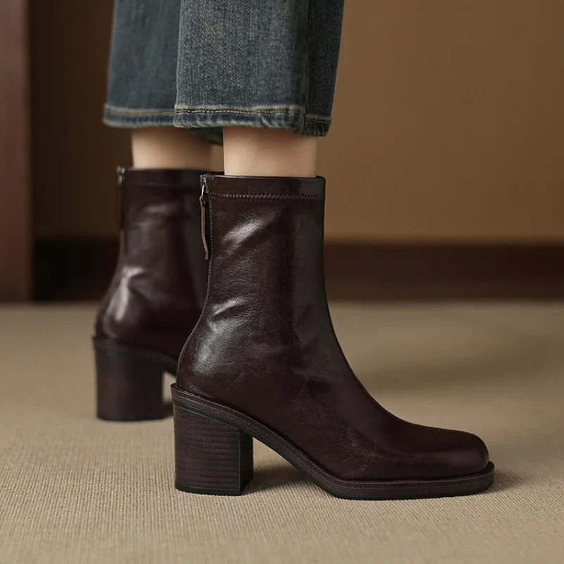 2025 New Genuine Leather Retro Boots Women Round Toe Chunky High Heels Zipper Ankle Boots Autumn Winter Western Boots Lady Shoes