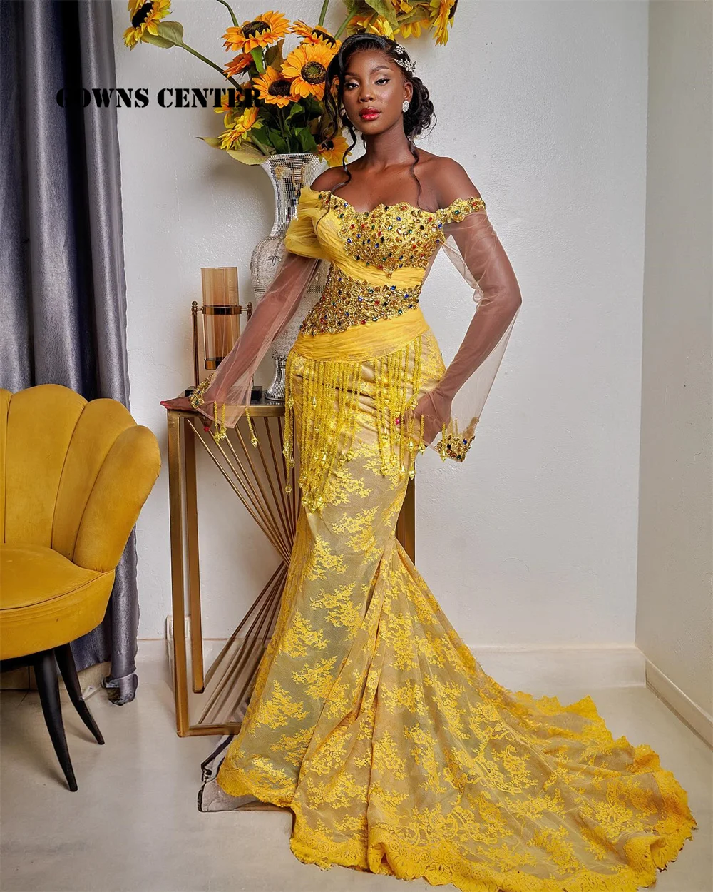 Robe de Soirée en Dentelle Dorée de Charbon Colorée, Style Aso Ebi, avec Glands, Style Africain, Sirène, Formelle, Personnalisée