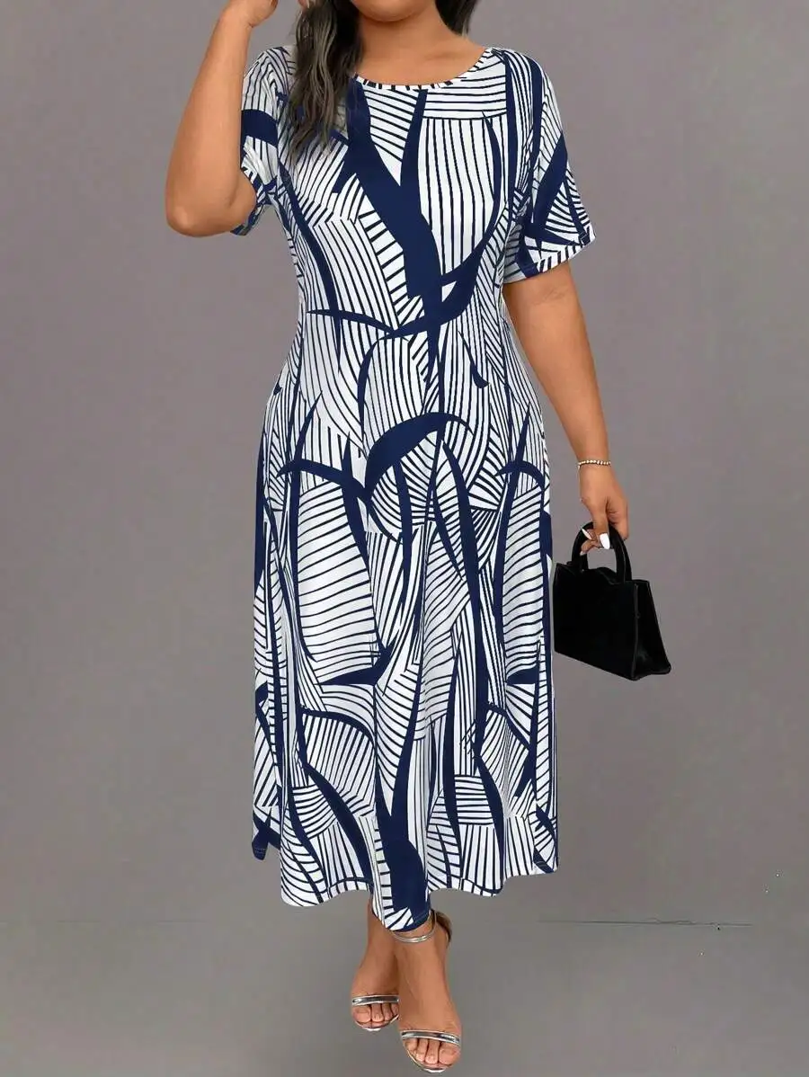 

Plus Size Round Neck Short Sleeve All Over Print Midi Casual Dress For Summer