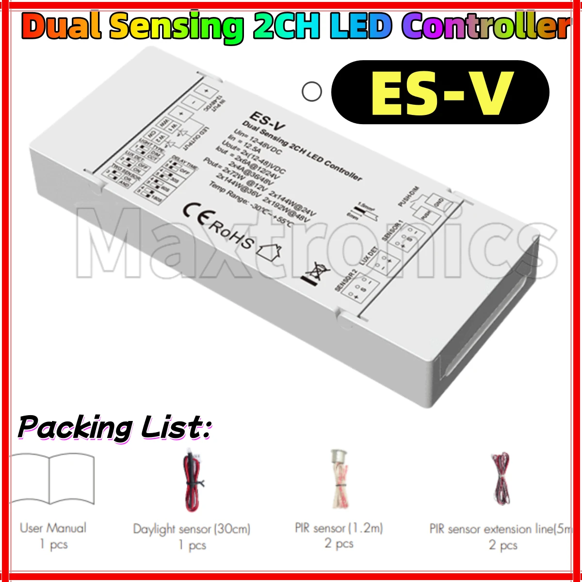 

НОВЫЙ 2-канальный светодиодный контроллер с двойным датчиком 12-48 В постоянного тока, яркость ES-V для спальни, гостиной, шкафа, одноцветные/CCT светодиодные ленты