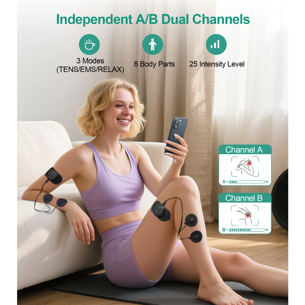 وحدة عشرات EMS لاسلكية 3 في 1، محفز عضلات ثنائي القناة 25 كثافة 8 مناطق للتحكم في التطبيق علاج لتخفيف آلام الظهر #4