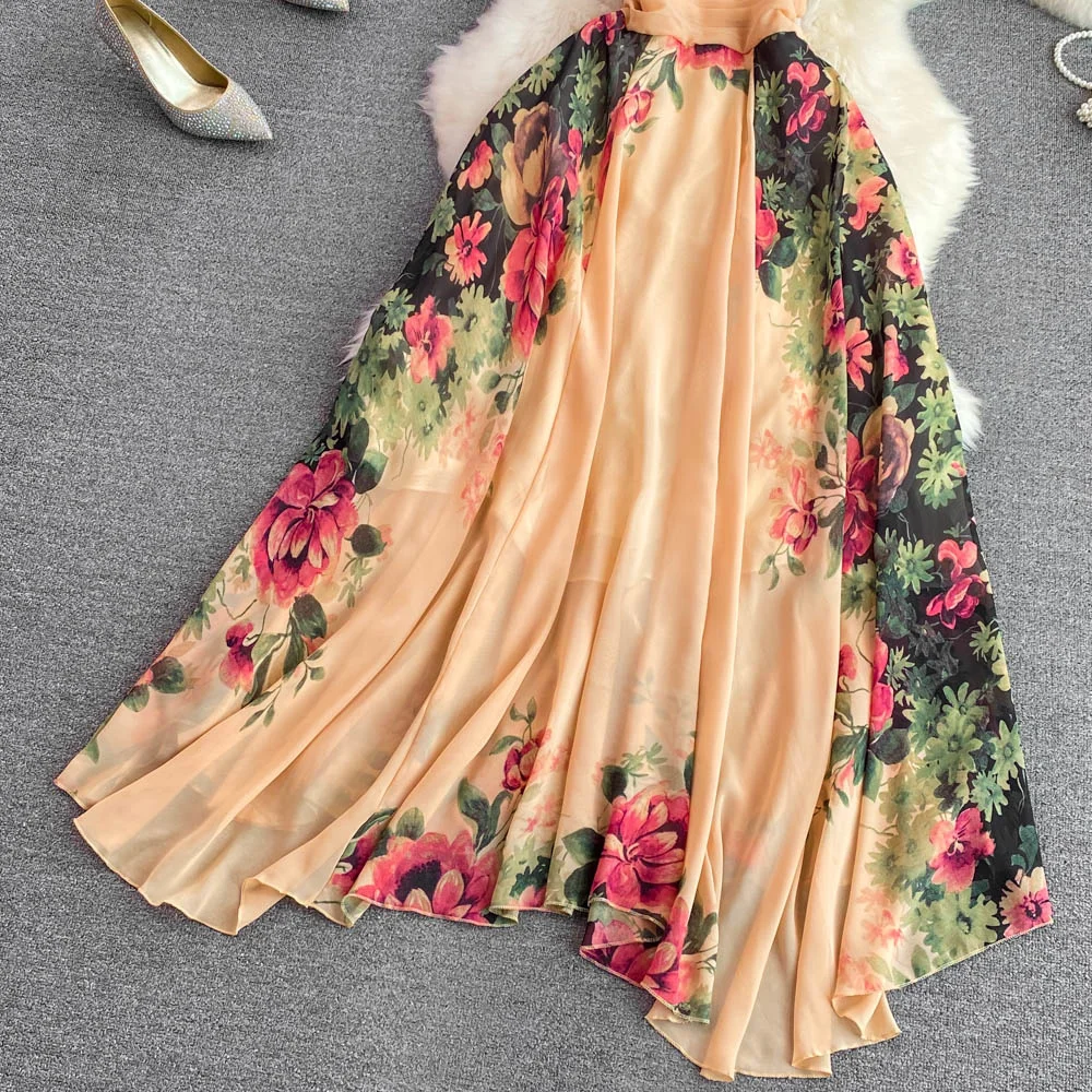 Runway Floral Print Midi Long Dress Summer Women Sleeveless Vest Tank Chiffon Dresses Ladies