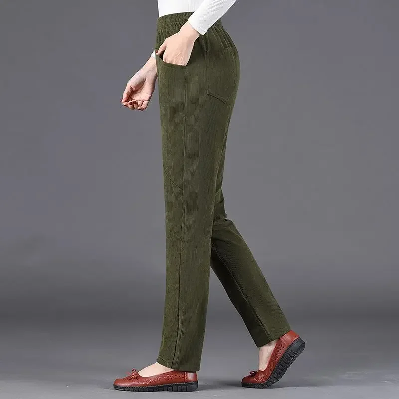 Autumn Winter New Corduroy Straight Pants Women Waist Solid Pocket Loose Casual Korean Warm Middle-aged Radish Trousers Z254