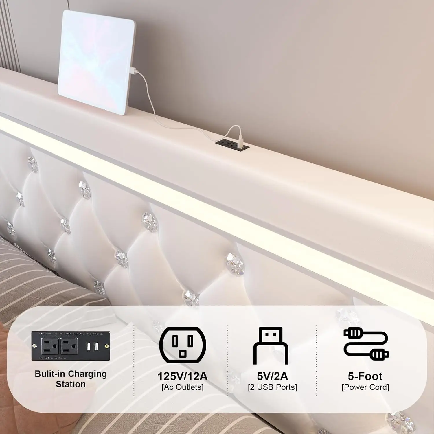 Marco de Cama grande con 4 cajones y cabecero LED ajustable, cama de almacenamiento con plataforma acolchada de cuero PU