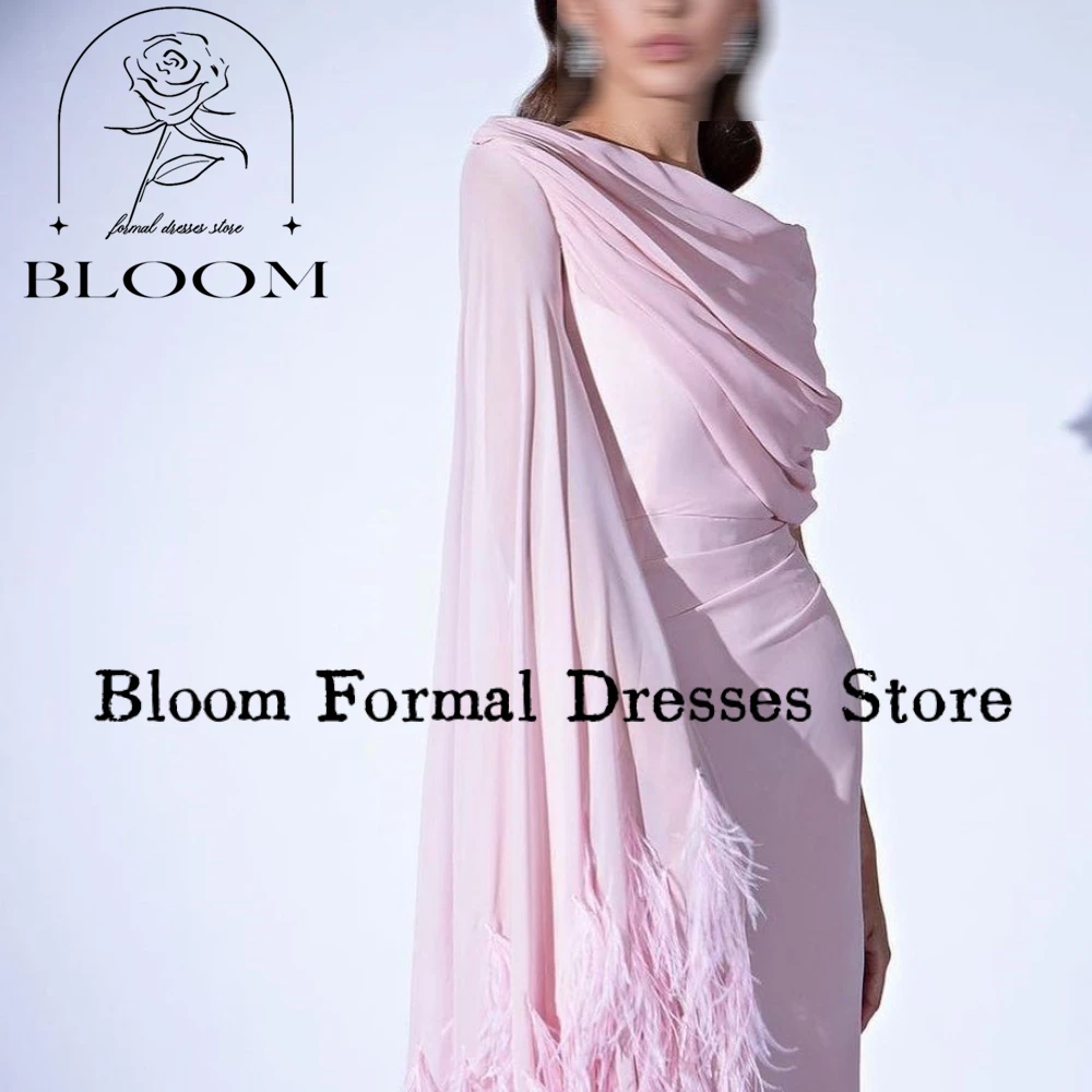 Bloom Customized Pink Chiffon Cap Sleeve Prom Dresses Feathers Backless Luxury Evening Dresses Wedding Party Gown High Quality