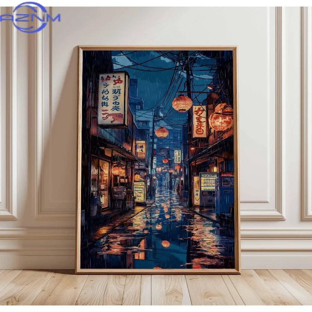 1 rahmenloses japanisches Cartoon-Illustrationsbild „Tokyo Teahouse“, Anime-Stil Stadtstraßen-Café-Szene-Druck, modernes Ukiyo-e-Dekor-Poster