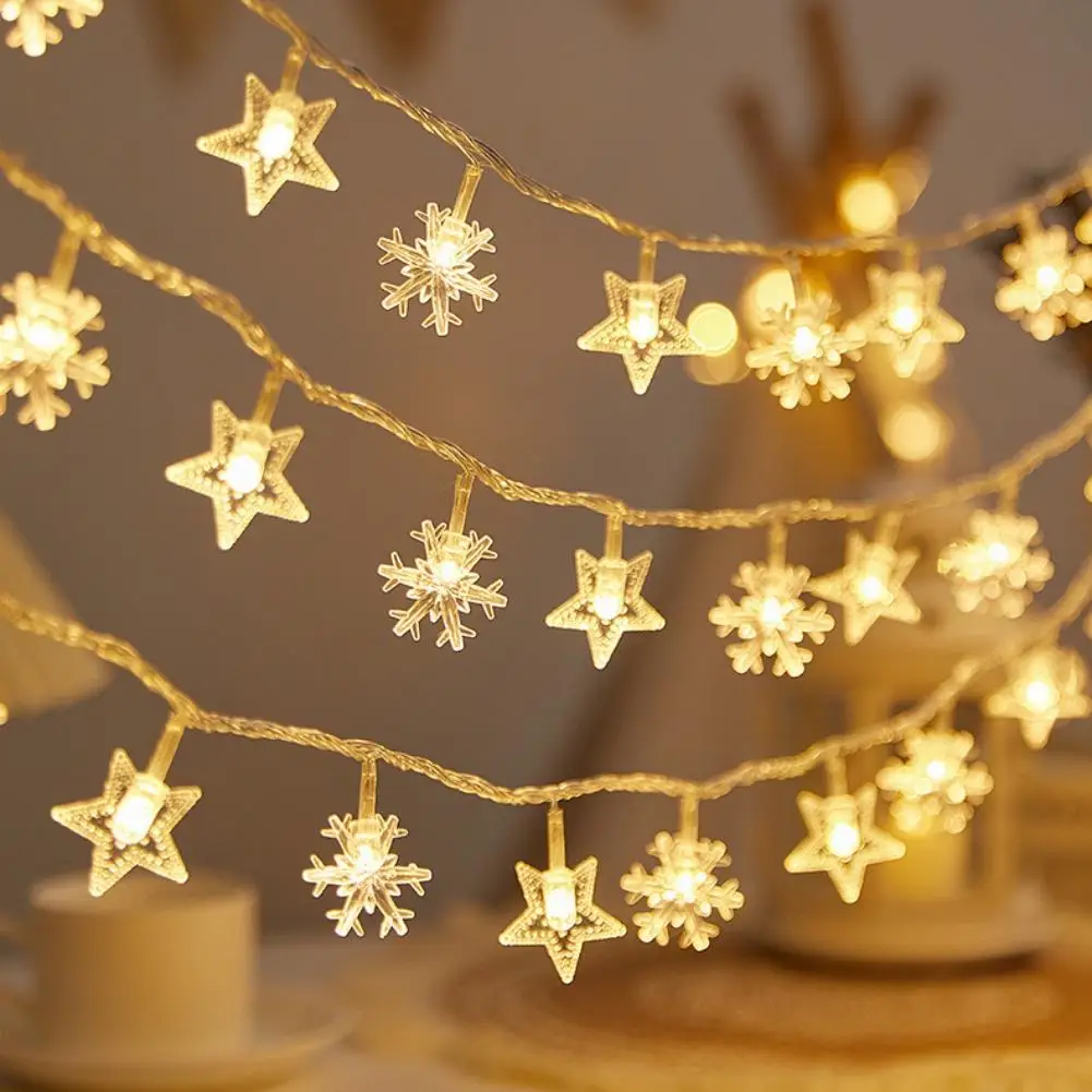 Guirnalda de luces LED con forma de copo de nieve y estrella navideña de 3m, iluminación decorativa colgante para interiores y exteriores, lámpara de ambiente de hadas para fiesta en el jardín