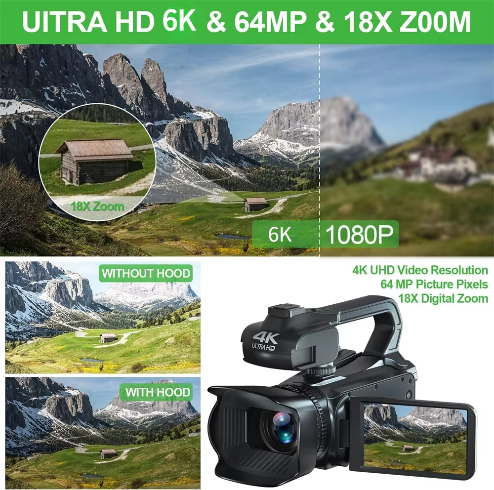 Videocámara profesional 6K 64MP para fotografía, videocámara con Zoom Digital 18X, WIFI, YouTube, transmisión en vivo, grabadora Vlog