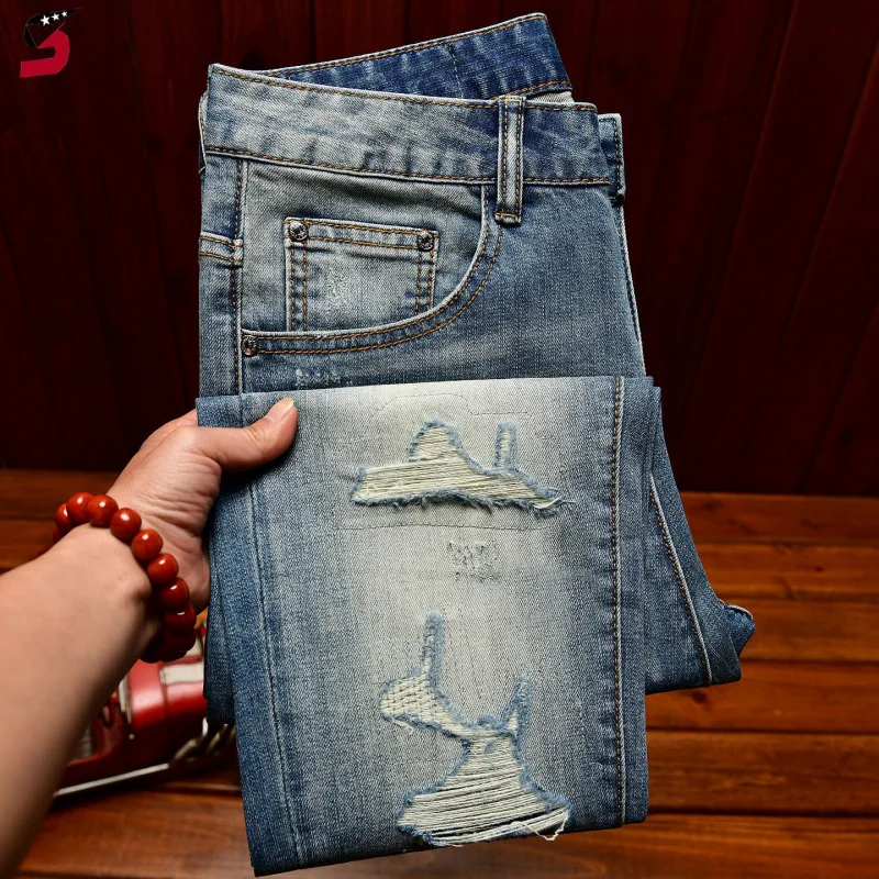 

Men's Ripped & Patchwork Denim Pants, Slim Fit Stretch Street Style Jeans, Korean Fashion Casual Long Trousers